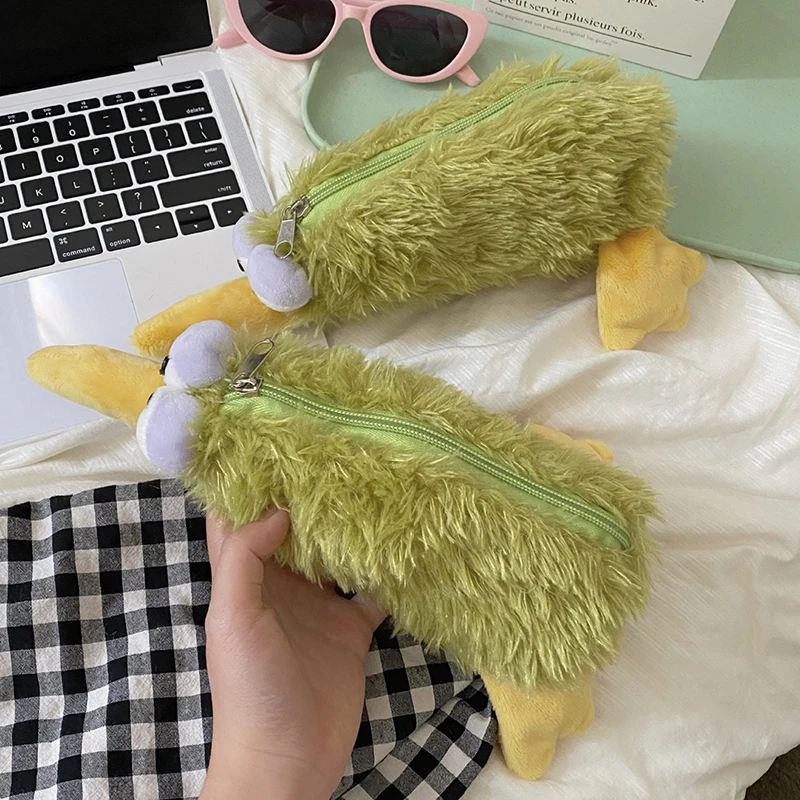 Kawaii verde pássaro bolsa de pelúcia lápis caso zíper fofo grande capacidade kiwi lápis saco escola papelaria armazenamento saco suprimentos