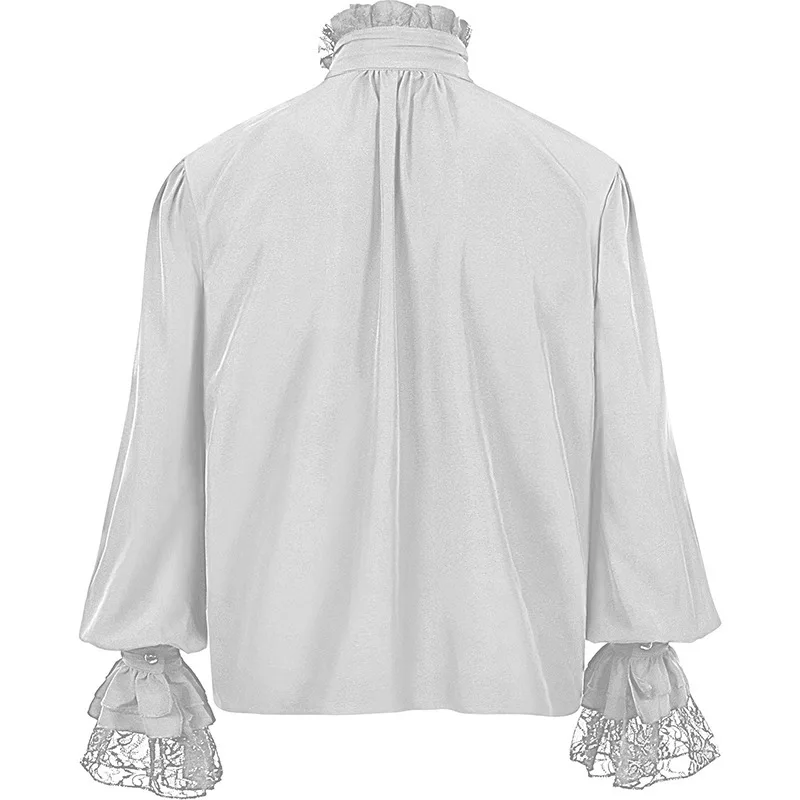 Men's Gothic White Black Shirts And Blouses Tops Retro Victorian Medieval Lace Ruffles Stand Collar Puff Sleeve Shirt Clothing