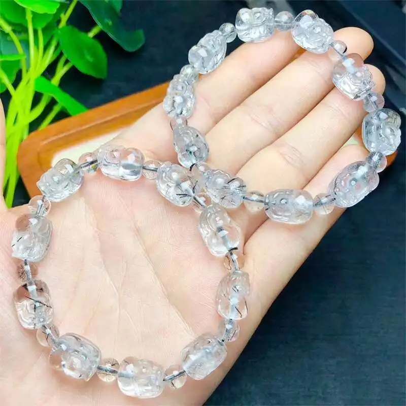 

Natural Black Hair Quartz Pixiu Bracelet Handmade Crystal Quartz Jewelry Stretch Bangle Children Birthday Gift 1pcs 9x12mm