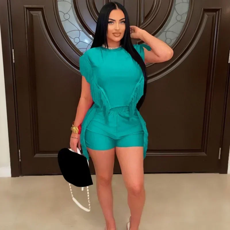 

GUWU Solid Casual Tassel Summer Sets Vacation Short Sleeve Top and Shorts Women Two Piece Outfits Holiday Ensemble Streetwear
