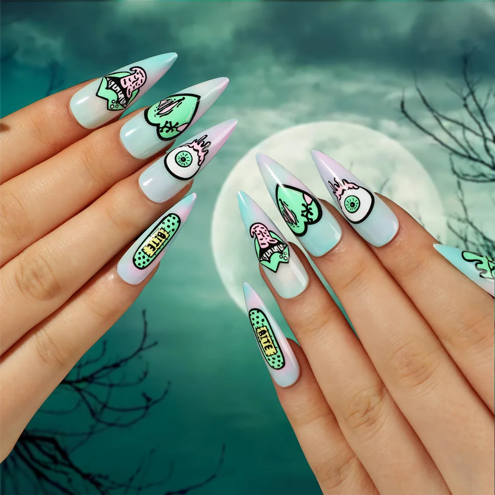 Puntas de uñas falsas de Stiletto para fiesta de Halloween, juego de uñas puntiagudas francesas con diseño de globos oculares, lengua