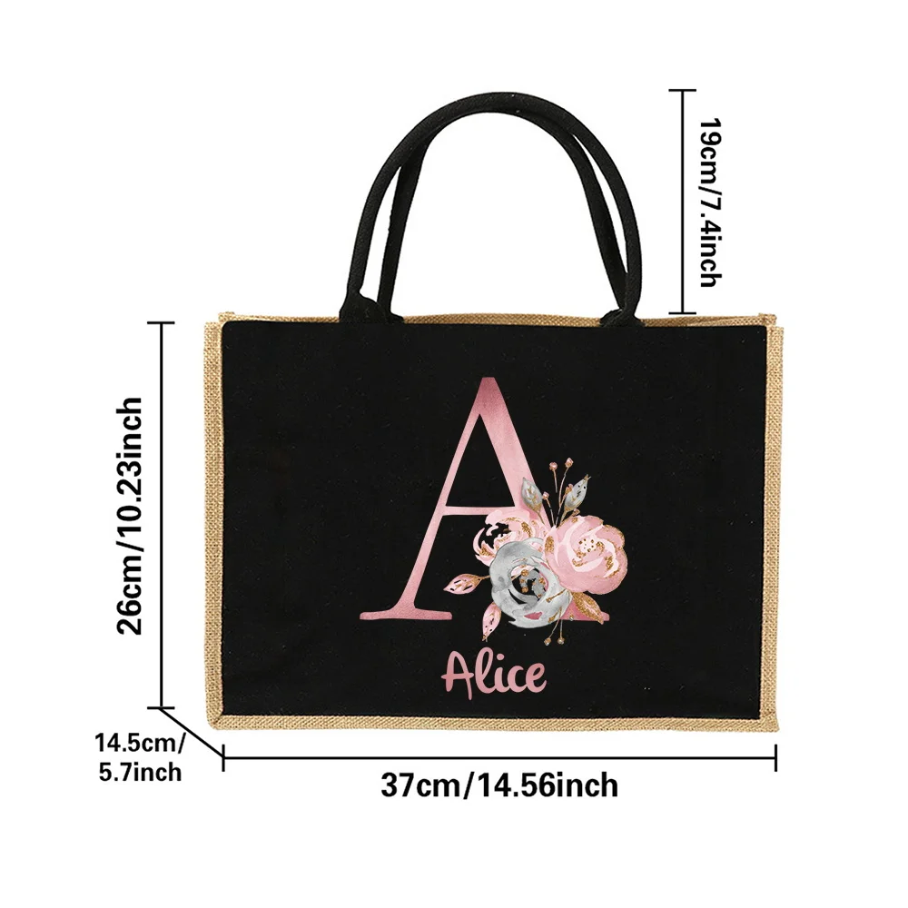 Customizable Name Linen Handbag Linen Handbag Pink Letter Reusable Eco Friendly Grocery Storage Bag Retro Beach Bag