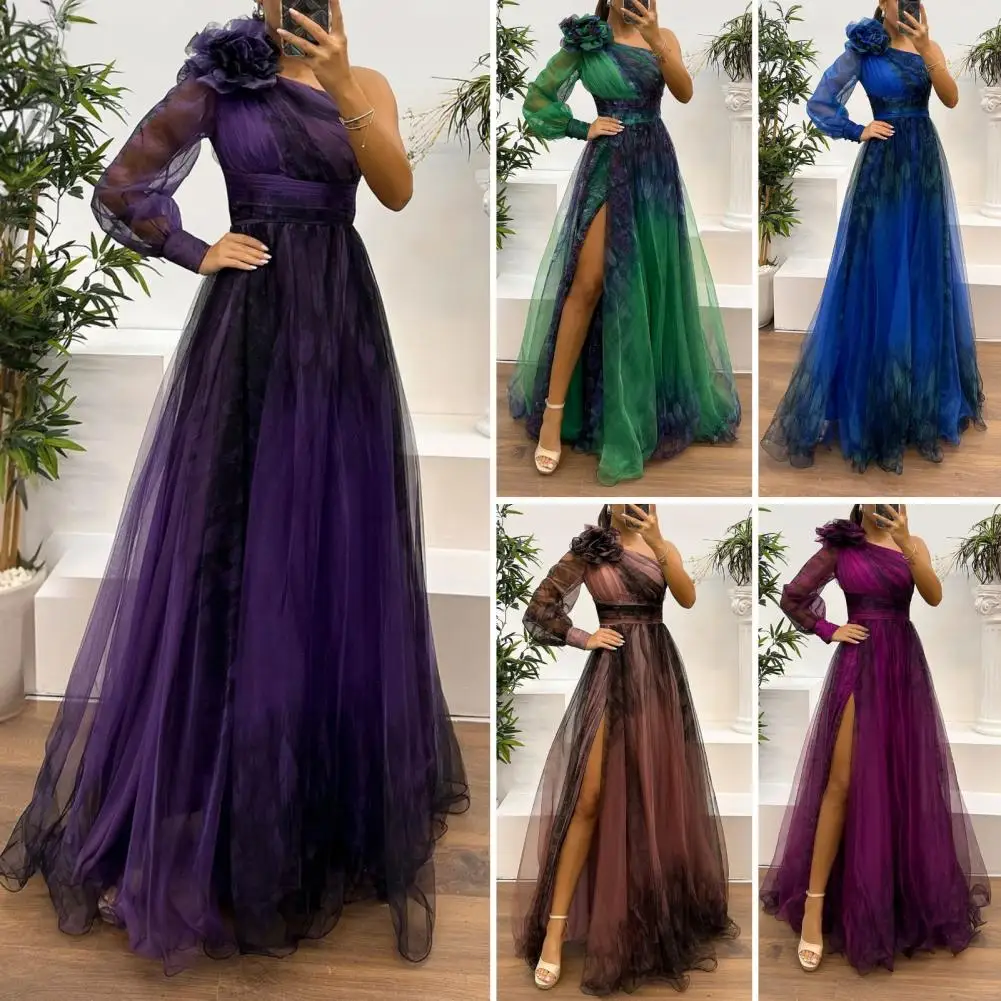 Slit Hem Ball Gown A-line Dress 3D Flower Decor One Shoulder Pleated Mesh Banquet Dress Floor Length Women Evening Dress