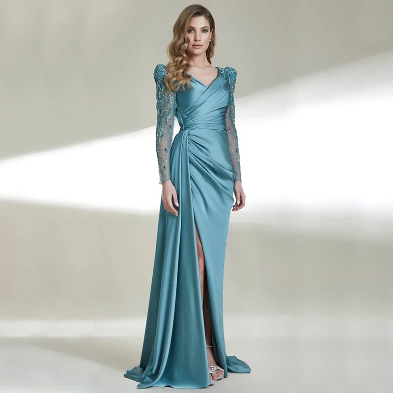 Customized Sky Blue Evening Dresses for Women 2023 Beading Long Sleeves Luxury  Gowns  V Neck Side Slit Satin Wedding Guest Gown