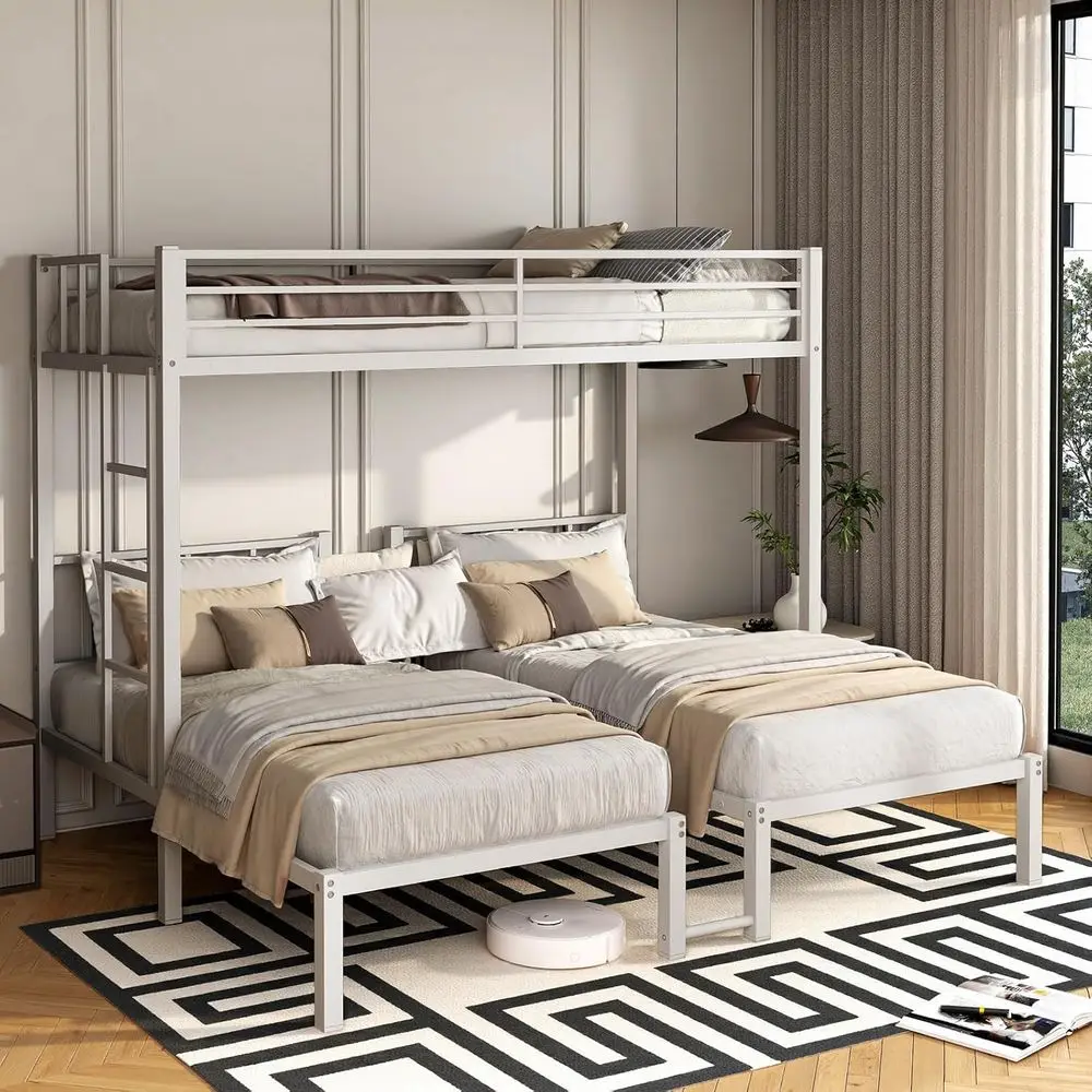 

Sturdy Triple Bunk Bed - 3 Twin Beds with Guardrails, Metal Frame, Suitable for Teens & Adults, No Box Spring Needed, White