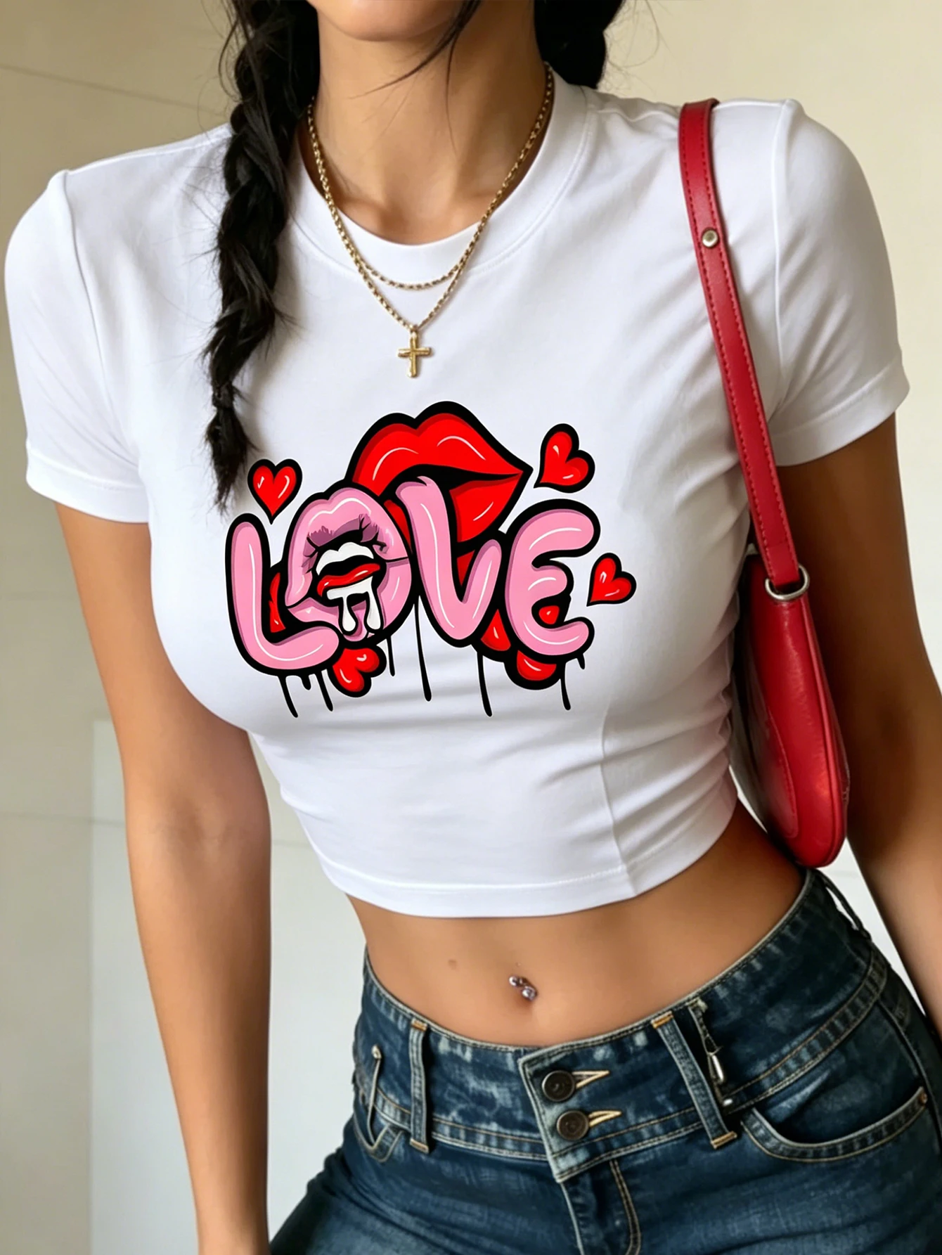 Women's chic and bold street style LOVE with heart-shaped red lips and graffiti patterns, fitted short-sleeved top