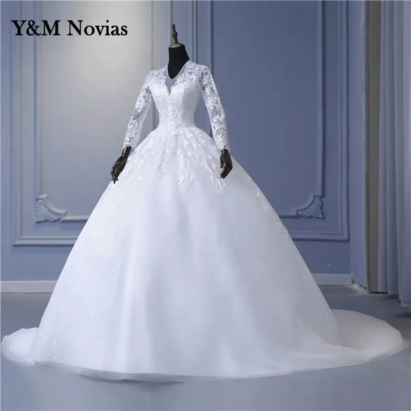 Marfim vestidos de casamento de manga cheia apliques de renda longo bordado com decote em v tule musselina vestido de noiva vestidos de novia princesa 2022