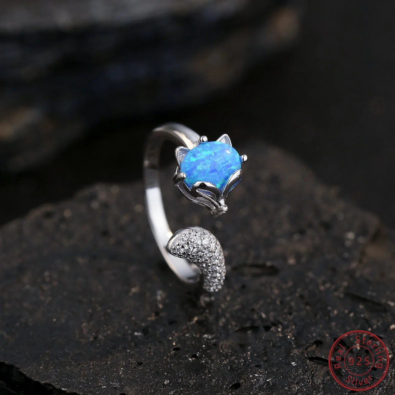 

2025 европейское и американское новое кольцо с синим опалом и лисой, 100% стерлинговое серебро 925 пробы, инкрустированное цирконом, модное универсальное кольцо для женщин