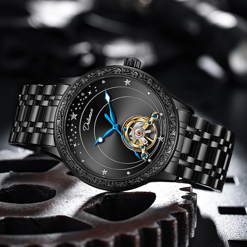 Dulunwe العلامة التجارية الفاخرة الرجال توربيون الساعات الرجالية الأسود الصلب التلقائية الميكانيكية ووتش الذكور Relogio Masculino
