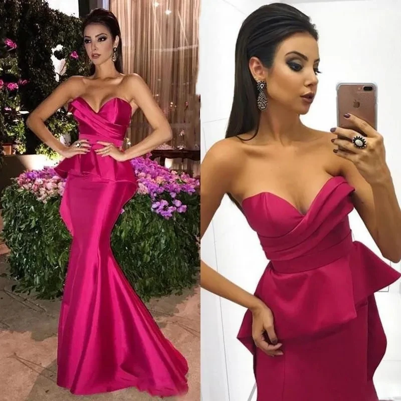 Fuchsia Mermaid Evening Formal Dresses 2025 Sweetheart Pleats Satin Arabic Simple Prom Party Gowns Customized Robe De Soriee