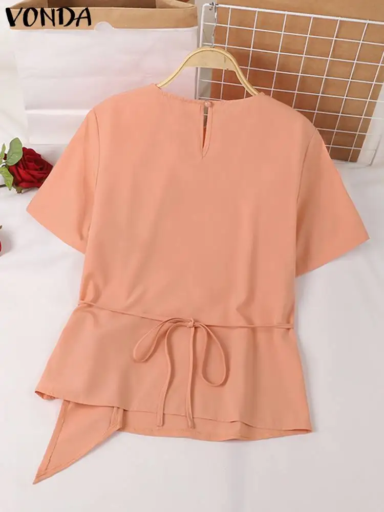 VONDA Elegant Shirts 2024 Women Blouses Summer Tunic Casual Solid Color Tops Loose Short Sleeve Pleated Twistted Blusas Feminina