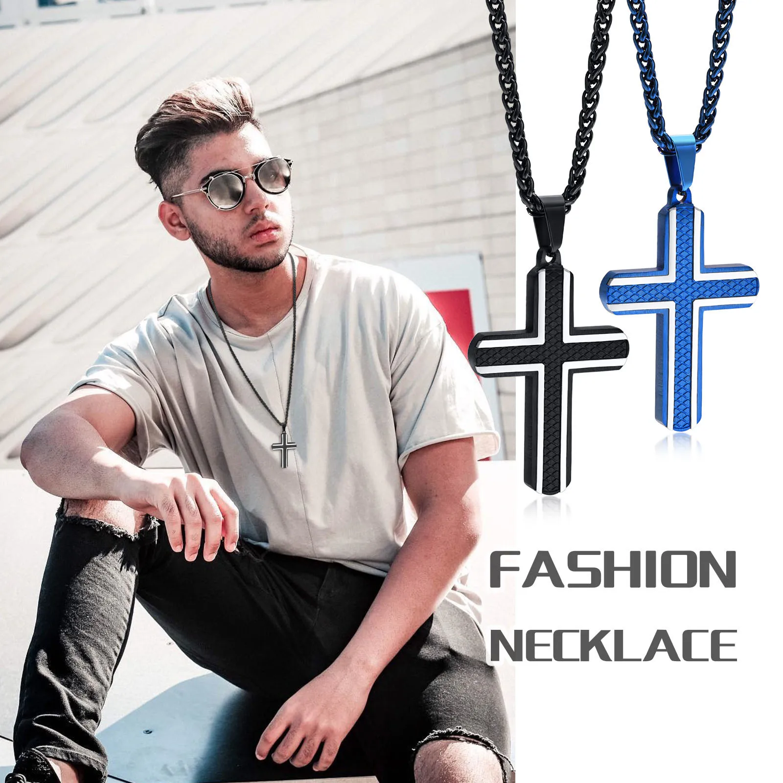 Vnox Cross Necklaces for Men, Blue Black Rhombus Stainless Steel with 60cm Wheat Chain, Stylish Cool Christ Jesus Faith Jewelry