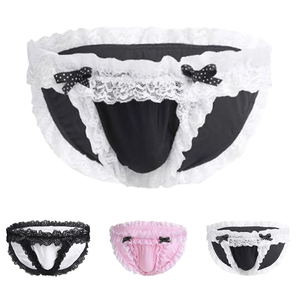 Celana Dalam Pria Boxer M-3XL Bikini Pink Sissy Panties Celana Dalam Renda Satin Bloomers