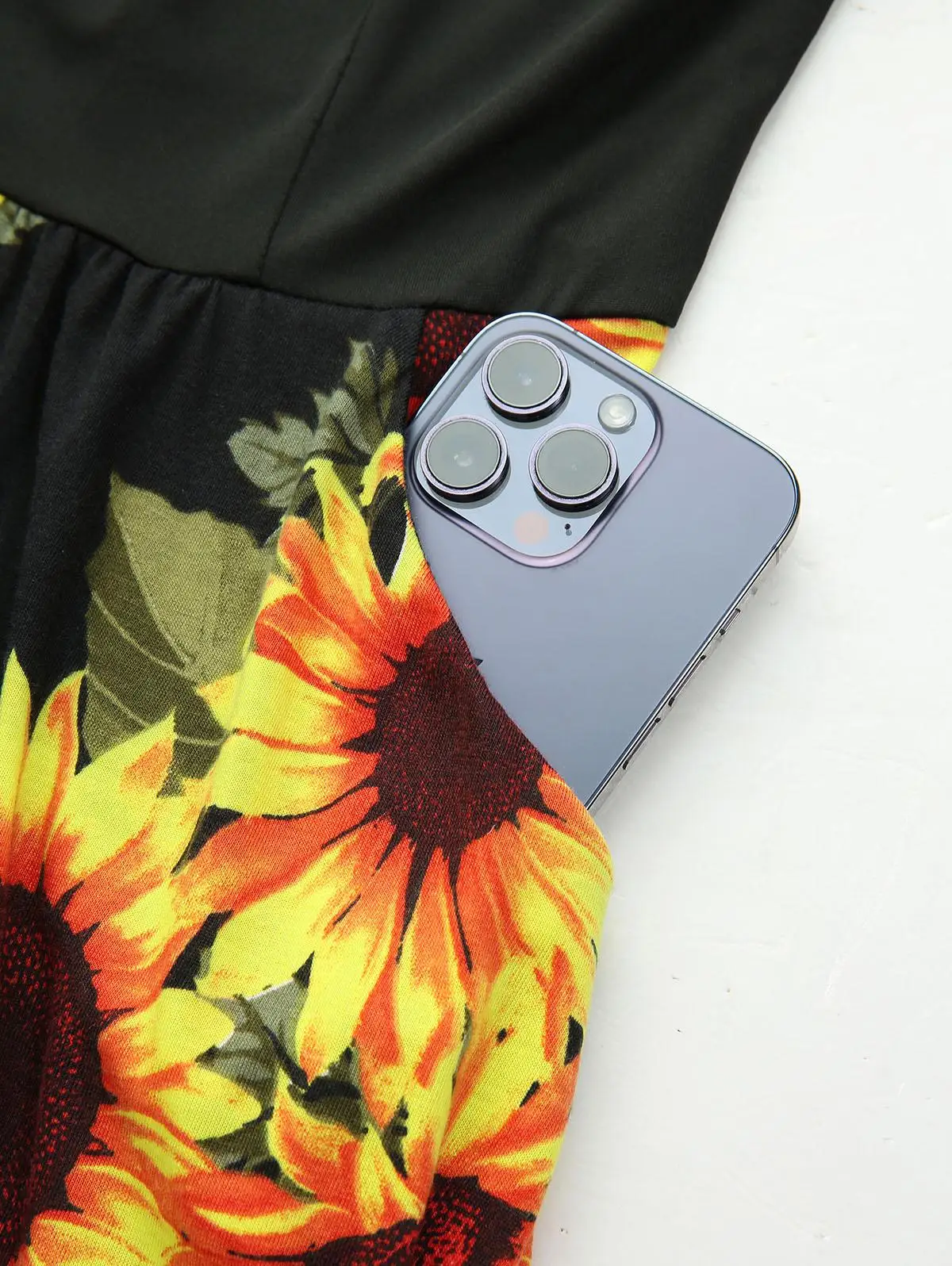 Vestidos Femininos Novos S-3XL, Vestido Preto com Estampa de Girassol, Vestido Cami em A com Bolso e Conjunto de Capa Texturizada