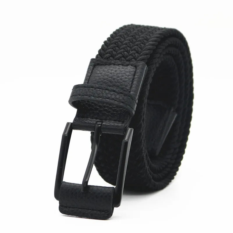 New Woven Belt Men Elastic Pin Buckle Canvas Women All match Leather Wrap Black