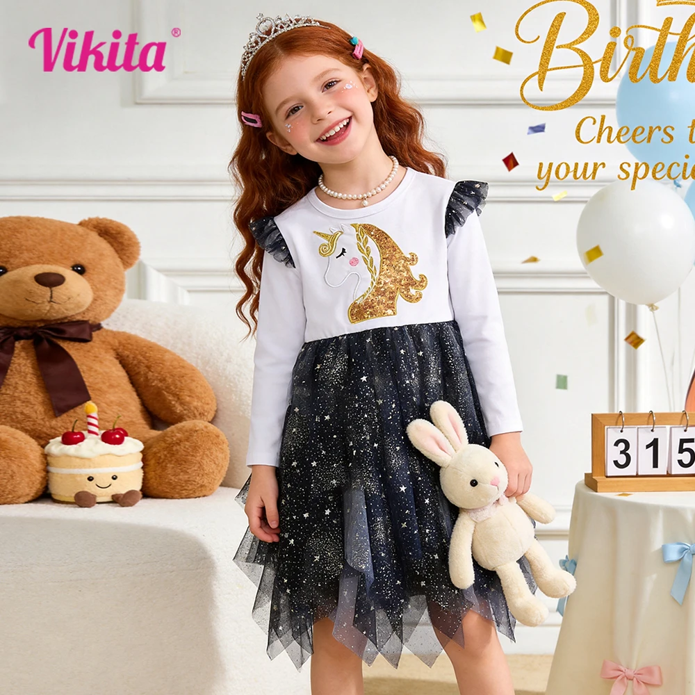 VIKITA Kids Unicorn Cartoon Dress Girls Flare Sleeve Autumn Spring Navy Blue Dresses Girls Layered Irregular Mesh Tulle Frocks