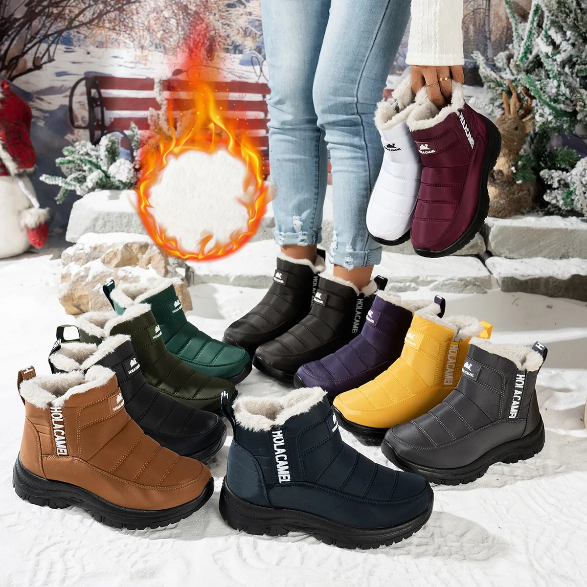 Women's snow boots, fleece-lined thickened warm, outdoor waterproof women's shoes, snow boots with elastic opening, one-foot sli