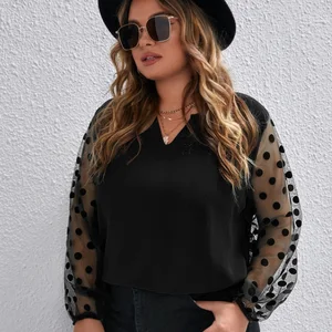 Gibsie Plus Size Notch Neck Polka Dot Mesh Ärmel 10 Hauptverkäufe Black Plus Size Bluse - №9