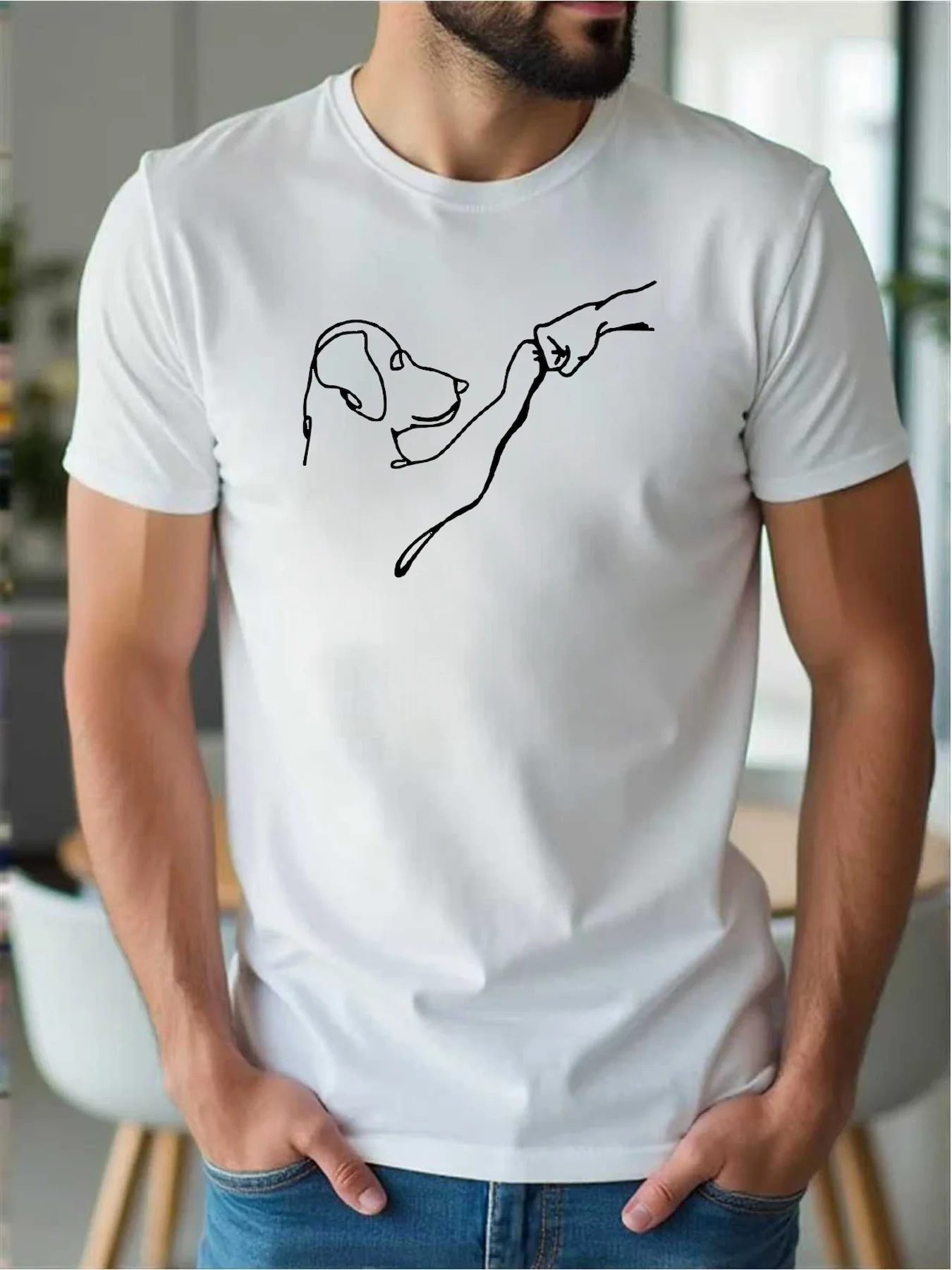 Men's T-Shirt with a Simple Line-Drawn Dog Pattern, Perfect for Casual Summer Wear, an Excellent Gift for Dog Lovers. This Short-Sleeve Style Is Available in a Regular Fit, Suitable for Any Season.