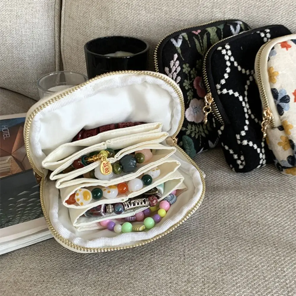 Multi-Layered Embroidered Jewelry Storage Bag Cotton Linen Ethnic Style Bracelet Display Pouch Soft Embroidery