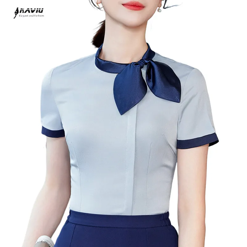 

NAVIU Shirt Sleeve Blue Shirt Women Business Uniform Formal Bow Collar Slim White Blouses Office Ladies Work Tops