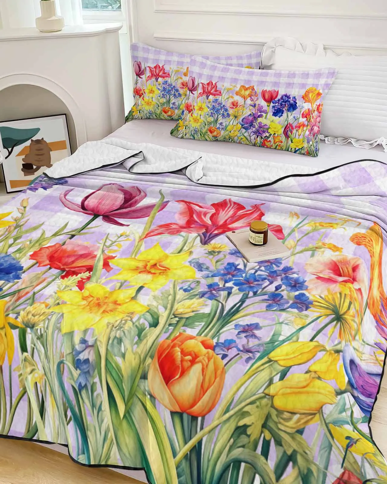 Flower Watercolor Spring Butterfly Tulip Lavender Summer Cooling Quilt Air Condition Blanket Comfortable Lightweight Thin Quilt