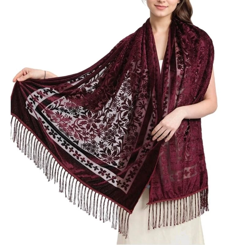 

652F Luxurious Shawl for Women Evening Dress Shoulder Wrap Multifunctional Long Fringed Scarf with Embroidery