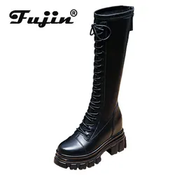 Fujin 8.5cm PU wiosna jesień zima buty na koturnie kolana wysokie botki ZIP kobieta nowoczesne ukryte pięty panie Fashoin buty damskie