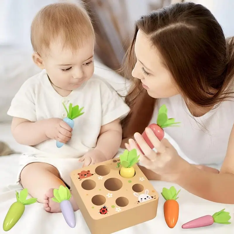 Montessori Toys for 1 2 3 Year Baby Boys Girls Educational Wooden Shape Sorting Toys Carrot Harvest Games for Babies Development