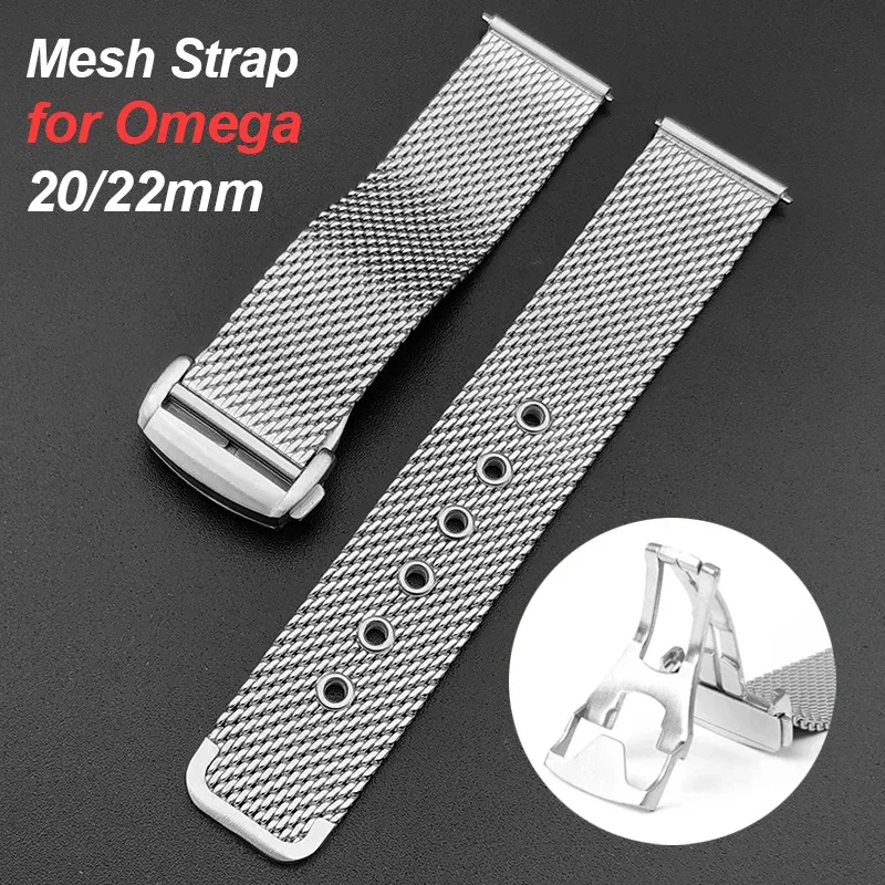 22 20mm pulseira de malha milanesa para omega 007 pulseira de aço inoxidável para seamaster 300 original dobrável fecho pulseira de negócios