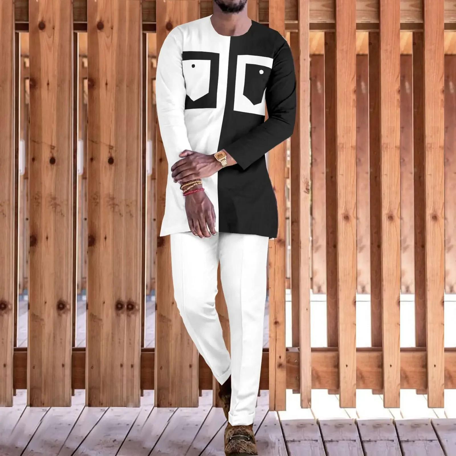 

African Clothes for Men White and Black Shirts with Pants 2 Piece Set Plus Size Casual Attire Tracksuit Dashiki Outfits A2216121