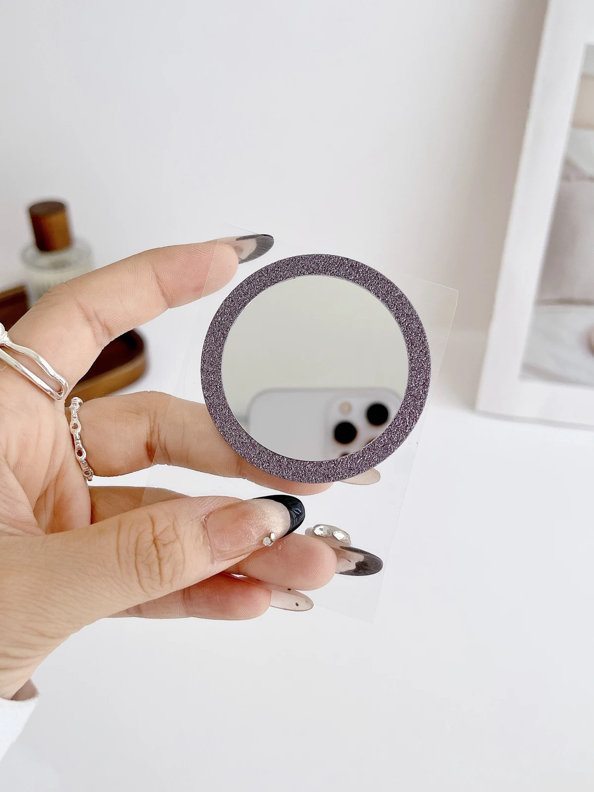 Glitter Magnetic Makeup Mirror with Magnetic Ring, Adhesive Backing, Wireless Charging Metal Patch, Magnetic Guide Sheet, and Ho