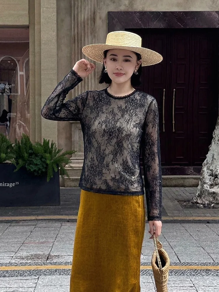 

Ele Lace round Ne Long Sve Base Layer Top Bla French Sle Straight Cut Spring 2026 Faion Ladies irt