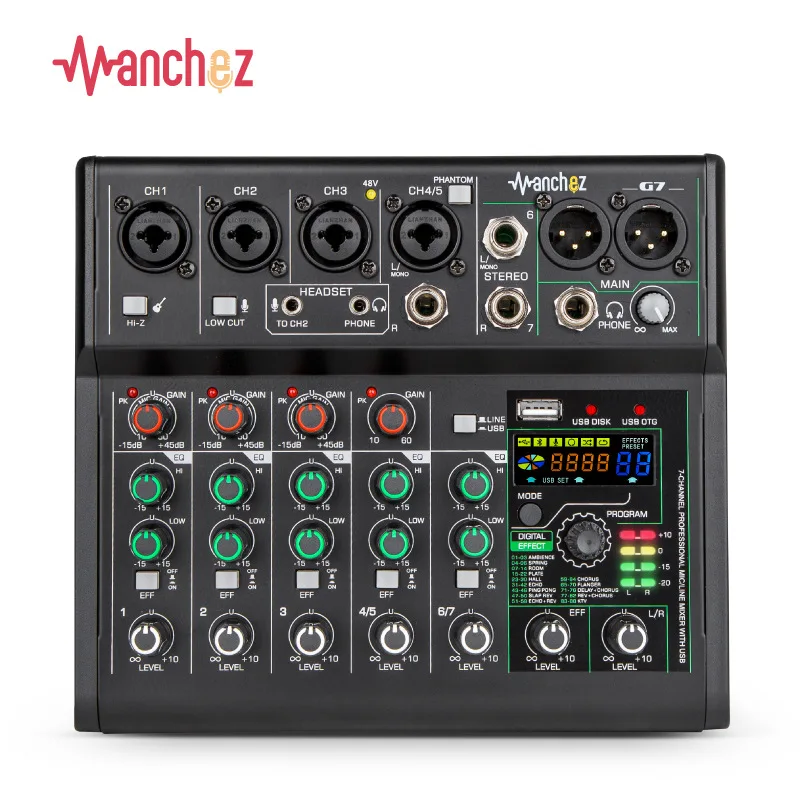 Manchez G7 Mini 7 Channel Sound Card Mixer USB Console DJ Karaoke Smartphone Professional Computer Recording 48V Live Broadcast