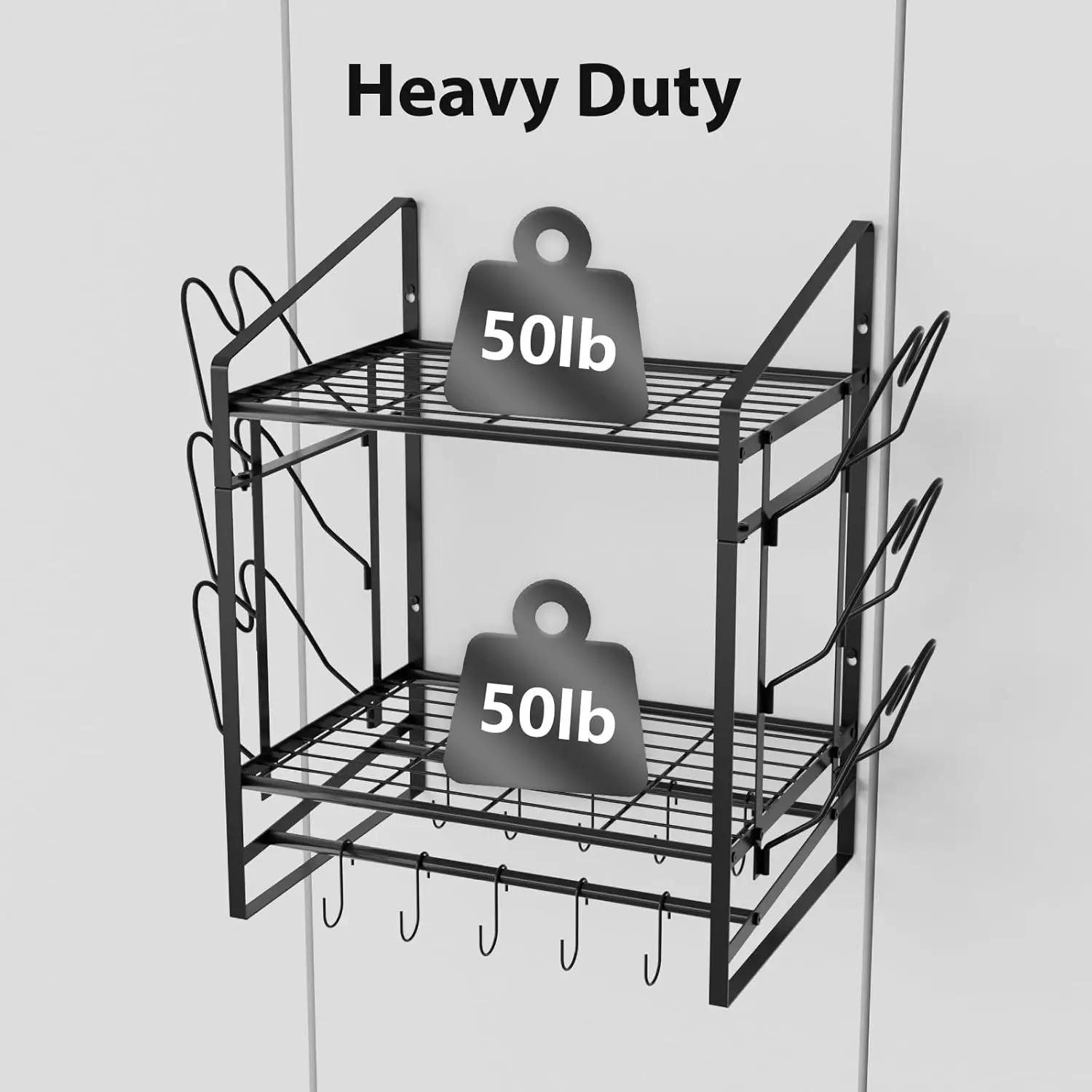 رف أوعية مثبت على الحائط مقاس 17 بوصة، منظم للأواني والمقالي بطبقتين مع 10 خطافات و6 حاملات لأغطية الوعاء، وعاء فولاذي عالي التحمل ومقلاة #4