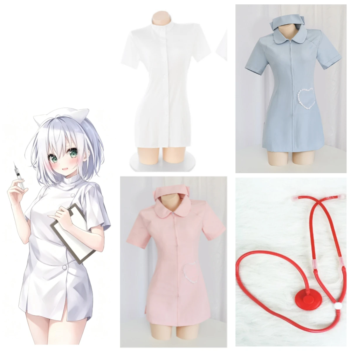 Japanisches Anime-Krankenschwester-Kostüm, Kleid, Pyjama, Cosplay, Weiß, Blau, Rosa Verfügbar, Rollenspiel-Kostüm-Set mit Stethoskop