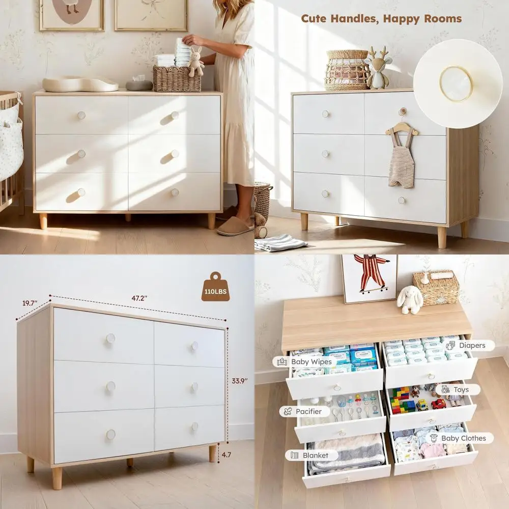 

White Bedroom Dresser with 6 Solid Wood Drawers, Kids Dresser for Storage and Essentials