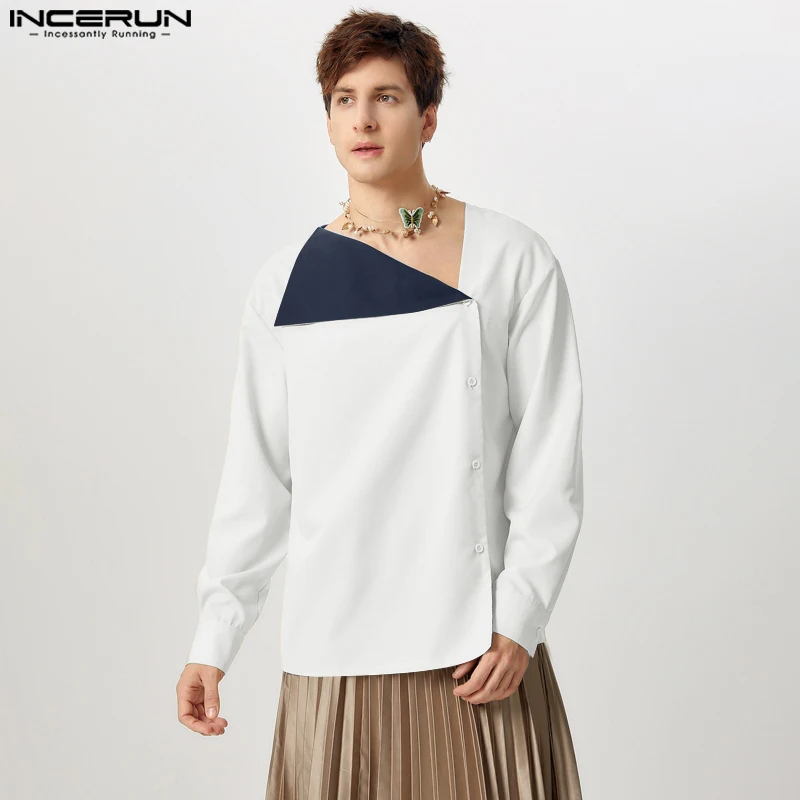 INCERUN Handsome Men Casual Loose Shirts 2024 Colorblock Neckline Side Door Flap Tops Elegant Simple Deconstruction Tops Blouses