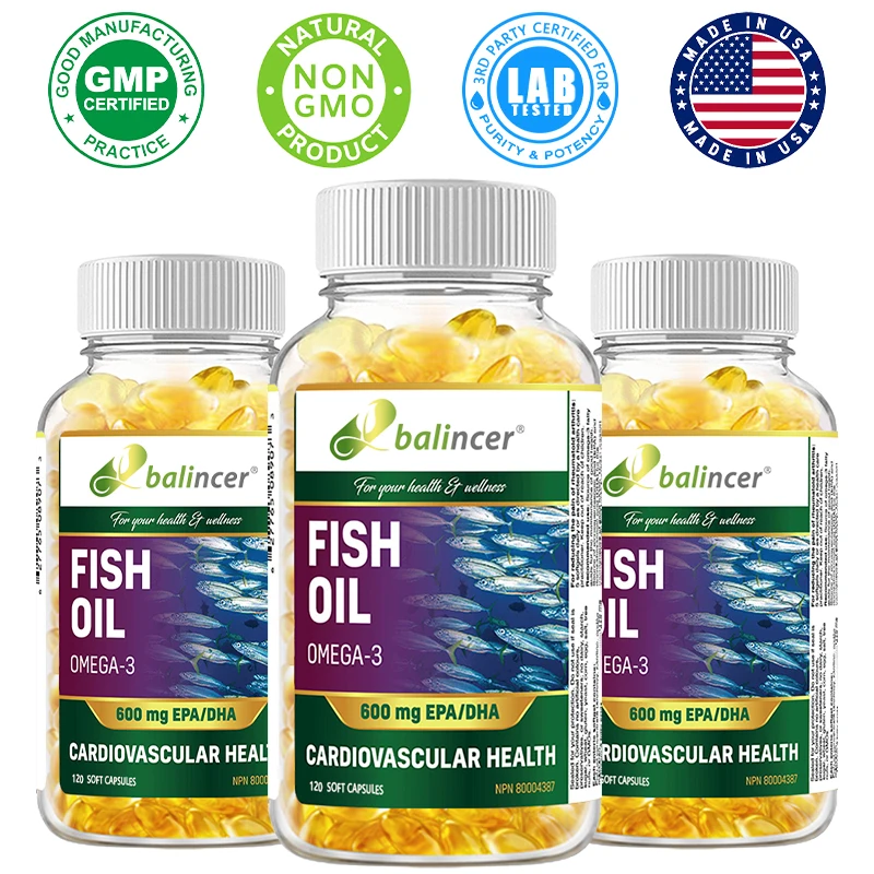 Wild Caught Omega 3 Fish Oil - 120 Softgels -600 Mg EPA & DHA Brain Cardiovascular Health Non-GMO Gluten Free Dietary Supplement