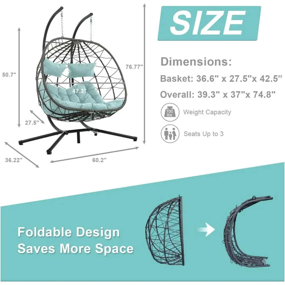 موصى به للغاية - كرسي أرجوحة مزدوج على شكل بيضة لشخصين مع حامل داخلي وخارجي، كرسي أرجوحة أرجوحة قابل للطي، كرسي معلق، فناء