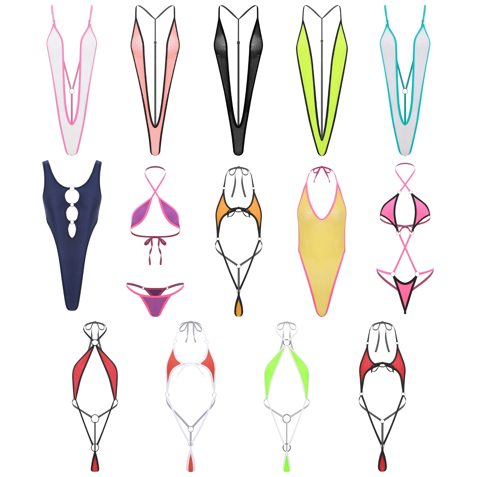 Bodysuit Bikini Seksi Mikro Wanita Halter Punggung Terbuka T-back Pakaian Renang Satu Potong Pakaian Mandi Leotard Berongga Lingerie Perawakan Pertunjukan