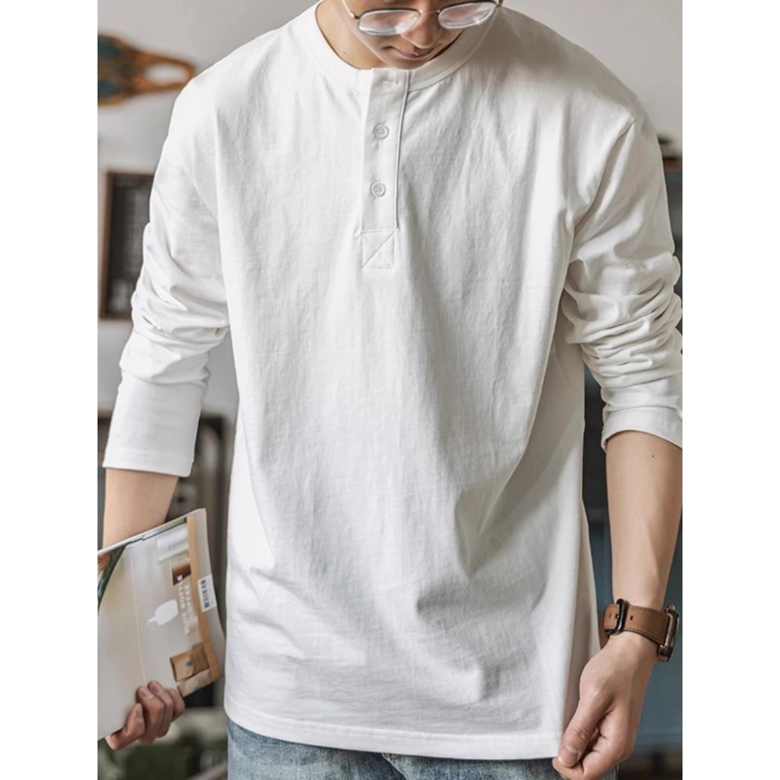 قميص هنري أمريكي كبير الحجم بوزن 300 رطل بأكمام طويلة وياقة فضفاضة للرجال، طبقة أساسية متعددة الاستخدامات للخريف #3