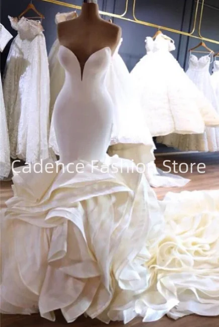 Customized  2025 Elegant Mermaid V Neck Long Hem Chiffon Ruffle Wedding Dress Slipper Bridal Gowns