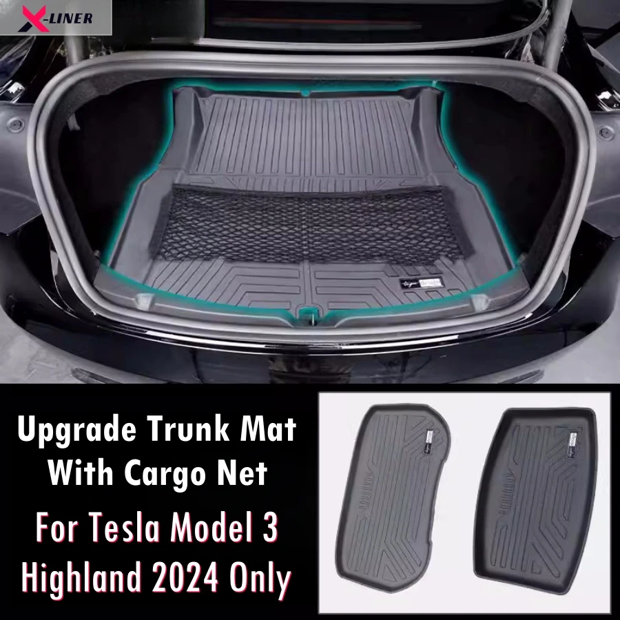 Upgrade Trunk Liner Mat with Cargo Net For Tesla Model 3 Highland 2024 Frunk Mat Set Non-Slide Weatherproof Protection Accessory