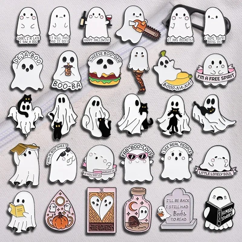 Cartoon Boo Ghost Love Reading Enamel Pin Funny Spooky Boo With Black Cat Brooches Backpack Lapel Badge Halloween Jewelry Gift