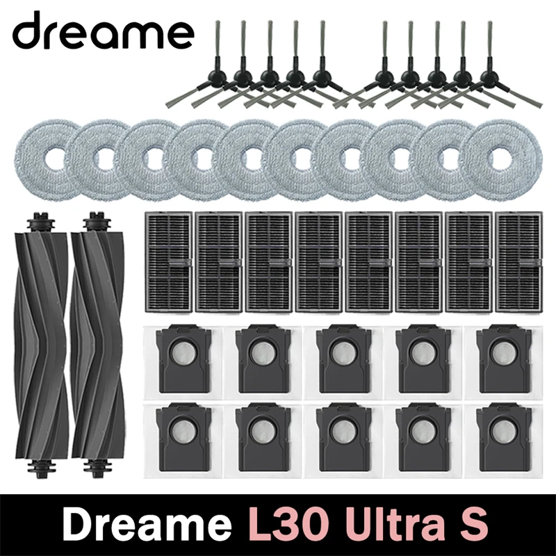 Accessoires pour aspirateur Dreame L30 Ultra S : brosse principale, brosse latérale, filtre HEPA, chiffons de nettoyage, sac à poussière, pièces de rechange