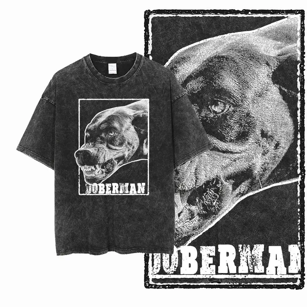 Camiseta Retro de Algodón Negra para Hombre, Talla Grande, con Estampado Gráfico Vintage de Perro Dóberman, Estilo Desgastado, G59