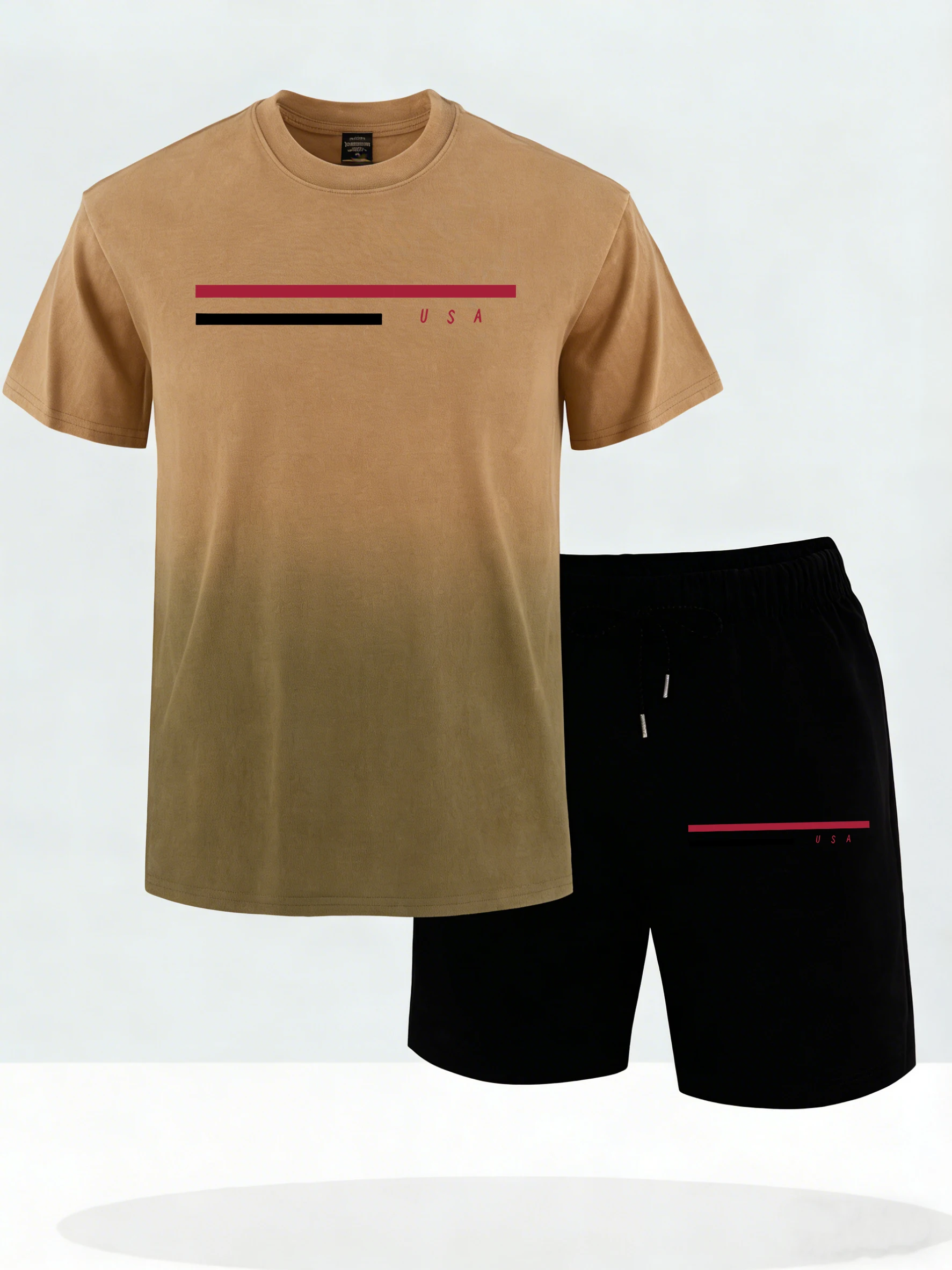 

Usa Simple Line Print Male Summer Loose Tie-Dye Short Sleeve Set Fitness Stretch Shorts Soft New T-Shirt Comfortable Beach Tees