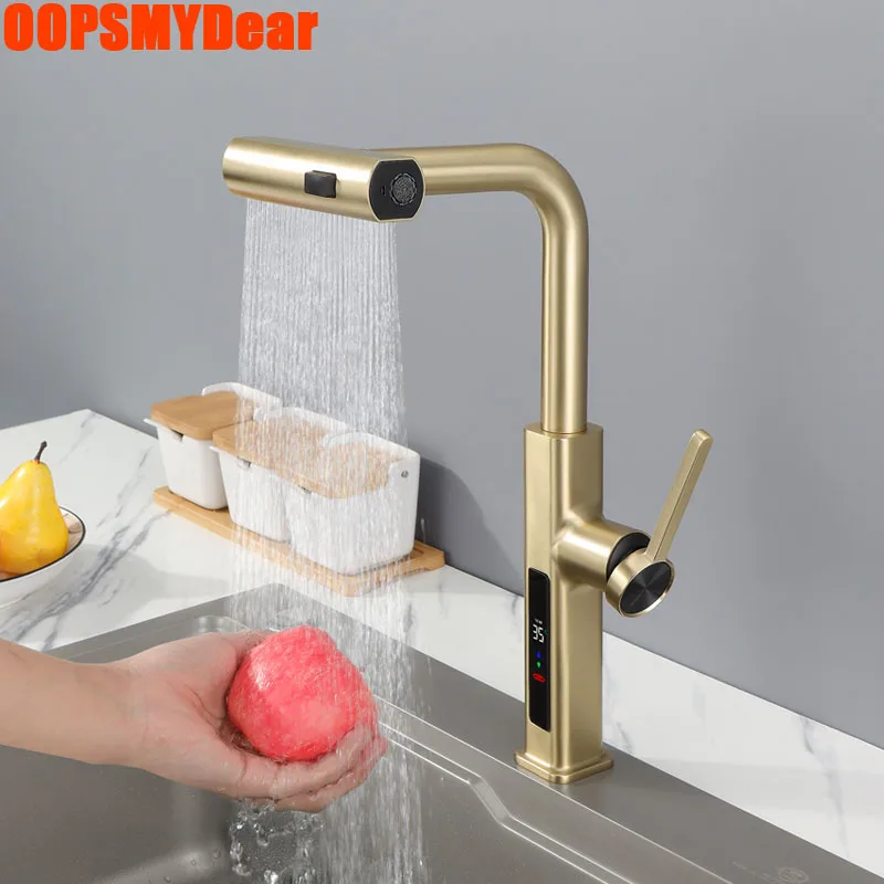 

Kitchen Hot Cold Faucets Sink Pull Out Showerhead Tap Deck Mount Modern Brush Gold LED Digital Luxury 360 Rotation Faucet Crane