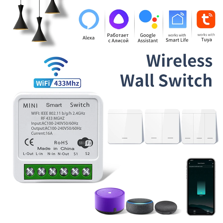 Tuya – interrupteur Intelligent WiFi, RF, 433MHz, sans fil, 1/2/3 boutons, panneau mural, Alexa Google Home, commande vocale, application Smart Life